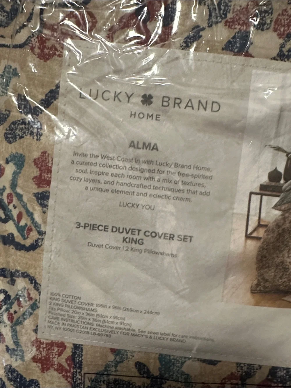 Lucky Brand King Duvet Cover Set in Cream, Blue & Red Accents